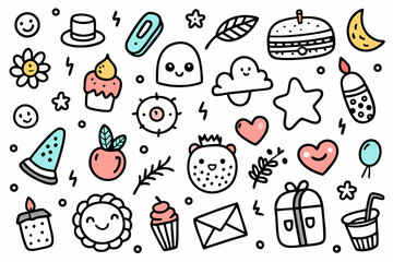 Delightful hand-drawn doodle collection for creative projects, adding a touch of whimsy and charm to designs, perfect for invitations, stickers, and social media graphics, fun and playful