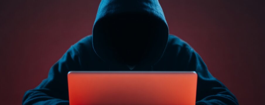 Man in hoodie using laptop, concept of internet hacking, cyber fraud. Dark web criminal for online security threat.