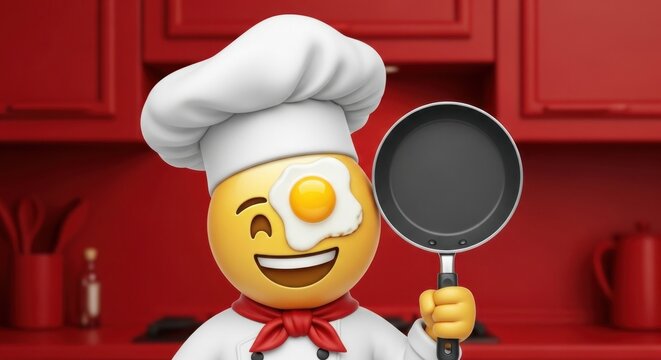 A chef emoji wearing a chef hat and holding a frying pan with an egg over one eye in a red kitchen