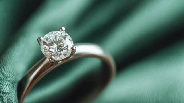 Close up of a sparkling diamond solitaire ring resting on a textured green fabric