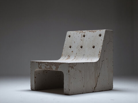 Brutalist concrete slab chair, dramatic lighting, gray gradient backdrop,An artistic industrial look emphasizing raw form and bold textures.