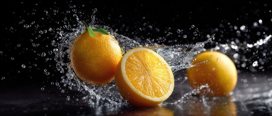 Fresh oranges splashing in water against a dark background, showcasing vibrant colors and dynamic movement in a captivating, high-quality image.