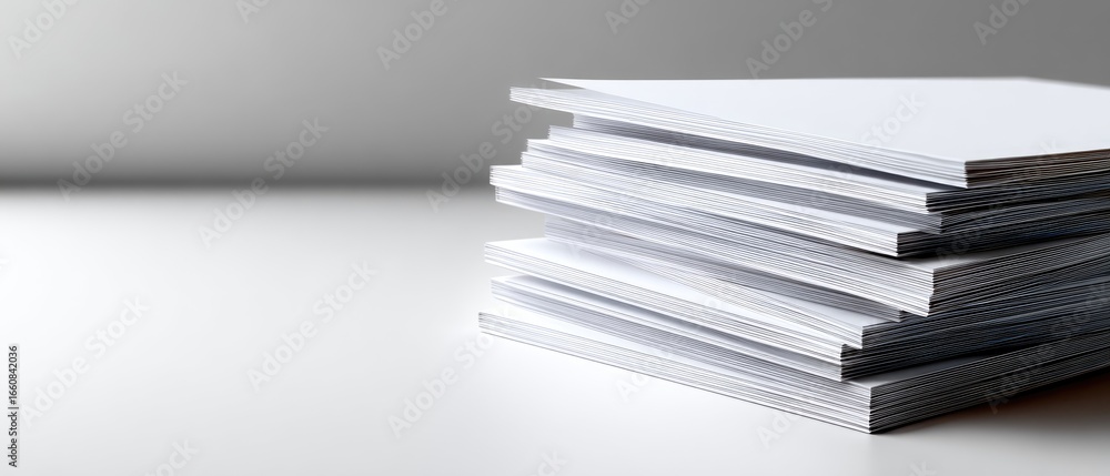 Poster a neatly stacked pile of blank sheets of paper on a smooth surface, emphasizing simplicity and organ