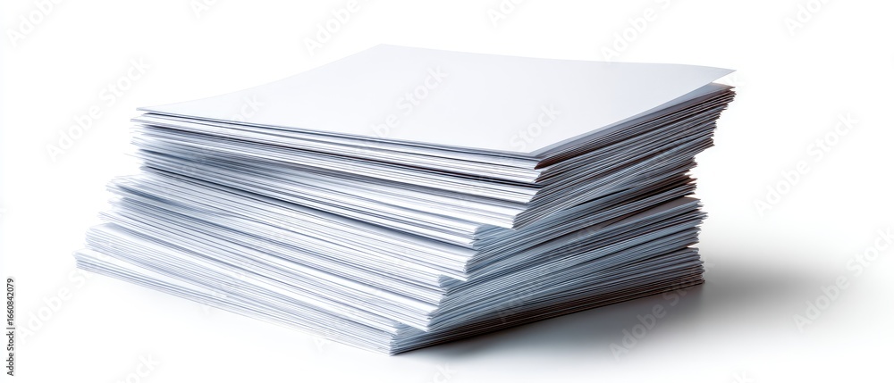 Poster a neat stack of blank white paper sheets, showcasing a clean and organized appearance, suitable for 