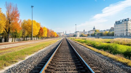 Scenic railway tracks extending into the distance through a vibrant autumn landscape with colorful trees and city skyline in the background under a clear blue sky