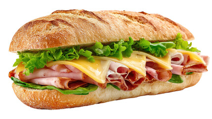 Freshly made submarine sandwiches filled with vegetables and delicious sliced meats on a white background