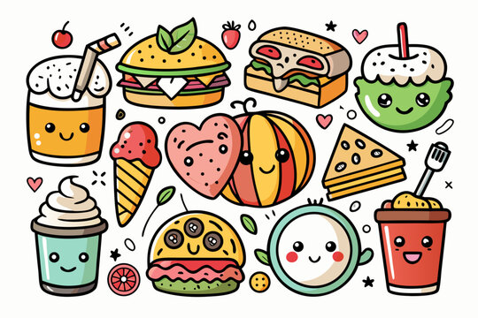 Whimsical kawaii food illustrations featuring burgers, ice cream, and drinks, perfect for menus, branding, and playful designs, evoking joy and deliciousness - Powered by Adobe