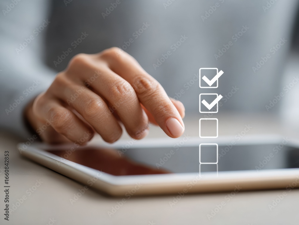 Poster professional digital document approval on tablet with secure data icons modern corporate workflow fo