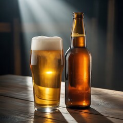 Glass of beer and bottle on table