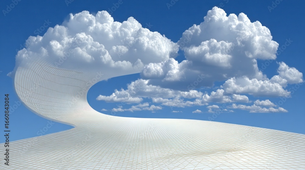 Poster white wavy surface with grid pattern under fluffy clouds and blue sky texture