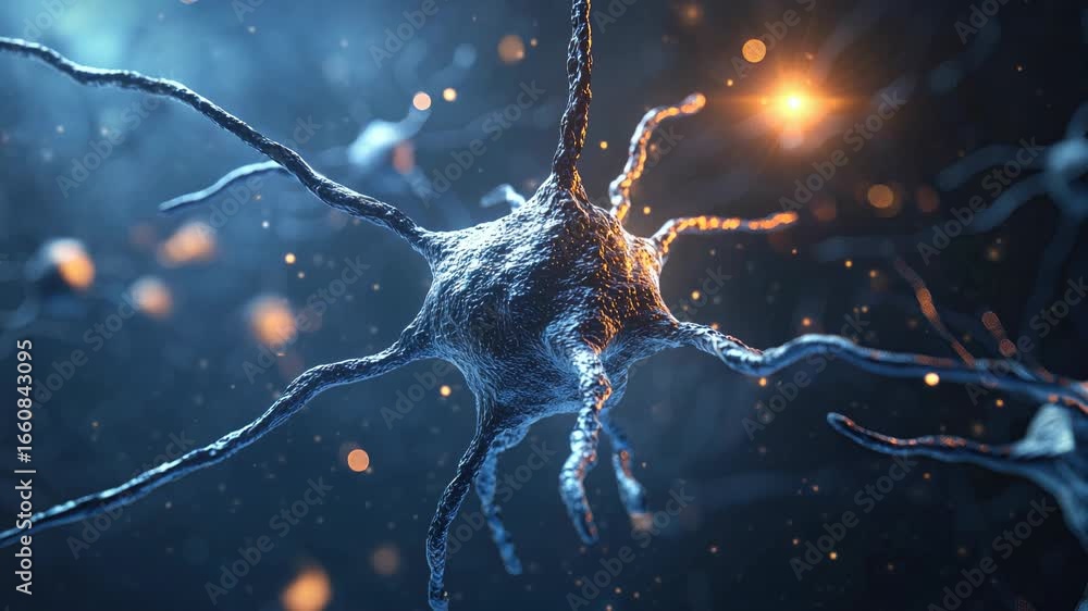 Poster close-up video still of a neuron with glowing synapses, shot from a dynamic angle. futuristic and sc