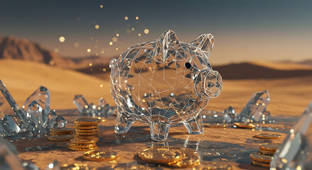 Futuristic digital technology concept with transparent cryptocurrency piggy bank blockchain network secure financial investment modern abstract data visualization
