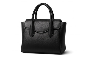 Stylish black leather handbag with double handles, isolated on a transparent background, perfect for showcasing luxury and fashion