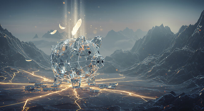 Futuristic digital scene featuring hologram pig in a high-tech landscape with glowing lines mountains and cyber environment showcasing advanced technology and innovation