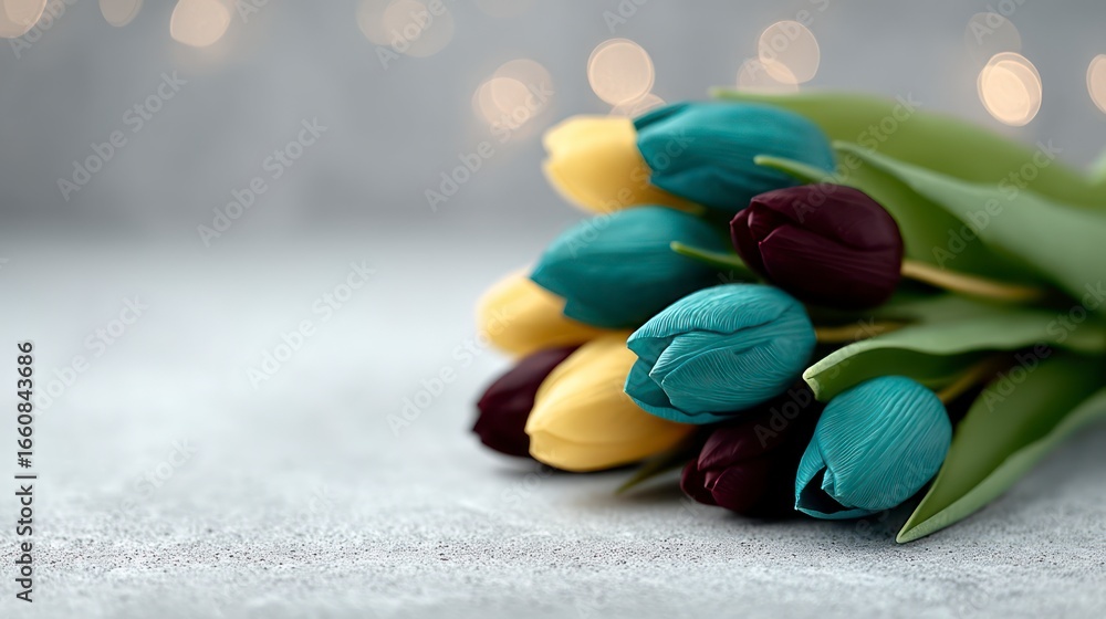 Poster a close up view of a bouquet of yellow teal and deep red tulips with blurred bokeh lights in the bac