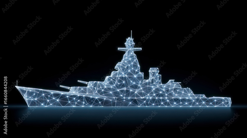 Poster a low poly wireframe model of a battleship on a dark background illuminated with blue light