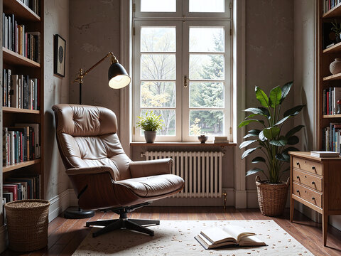 The reading nook is furnished with mid-century style chairs, creating a warm and intellectual scene that blends vintage charm with modern minimalist style.