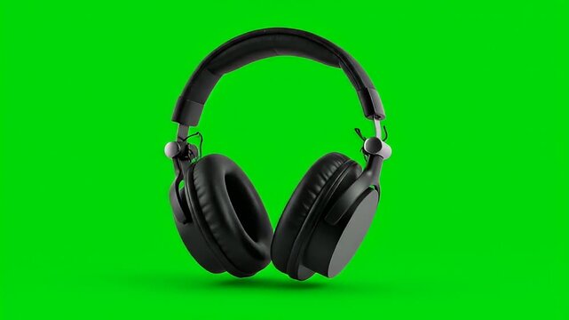 Black headphone isolated on green screen for audio technology and entertainment