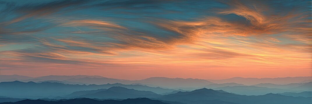 Sunrise or sunset over a misty mountain range. Dramatic clouds in warm hues of orange and peach against a twilight sky