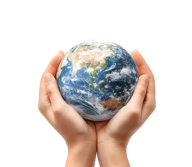Two hands gently cradling planet Earth, symbolizing care and protection