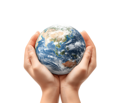 Two hands gently cradling planet Earth, symbolizing care and protection
