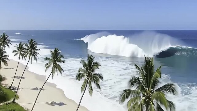 Epic 4K Aerial Footage of a Tsunami Wave Crashing into a Tropical Coastline with Bending Palm Trees.