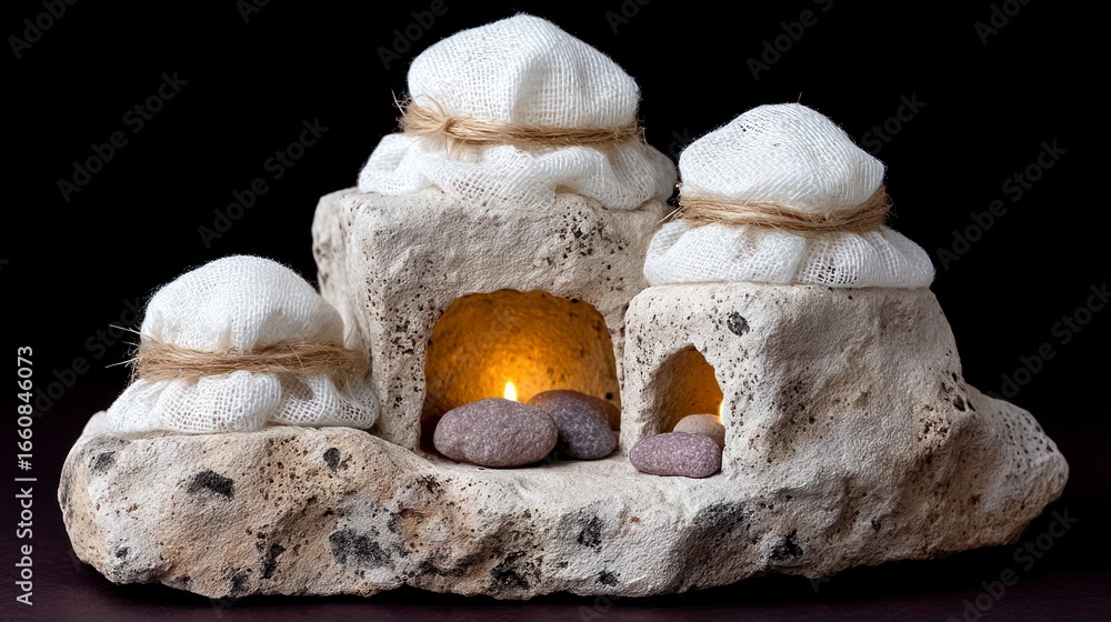 Poster handmade stone structures with white fabric tops and lit candles inside