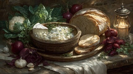 Still life of rustic bread cheese vegetables and a lit lantern food meal