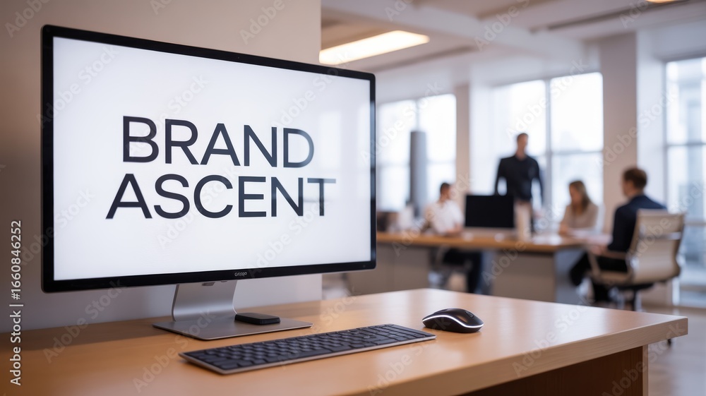 Poster personal branding startups concept. modern office scene featuring a computer displaying 