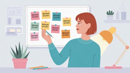personal branding startups concept. Creative woman brainstorming ideas in a modern workspace with colorful notes.