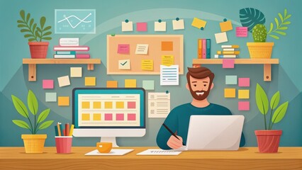 personal branding startups concept. A man working at a desk surrounded by plants, sticky notes, and a computer in a creative workspace.