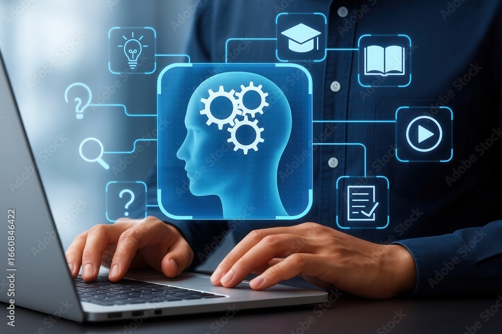 Poster artificial intelligence with gear icons representing cognitive learning and online education,smart d