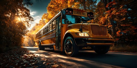 Obraz premium Yellow School Bus Driving Through Autumn Forest with Golden Leaves perfect for back-to-school campaigns, rural education visuals, transportation safety ads, and seasonal school promotions