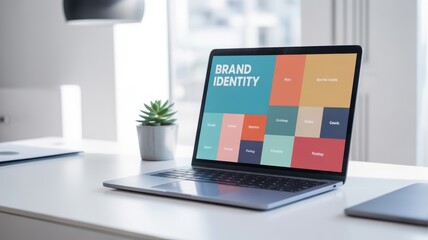 personal branding startups concept. Laptop displaying colorful brand identity concepts on a modern desk with a small plant.
