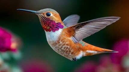 Fototapeta premium An iridescent hummingbird with purple gorget and orange plumage hovers mid flight near vibrant pink flowers