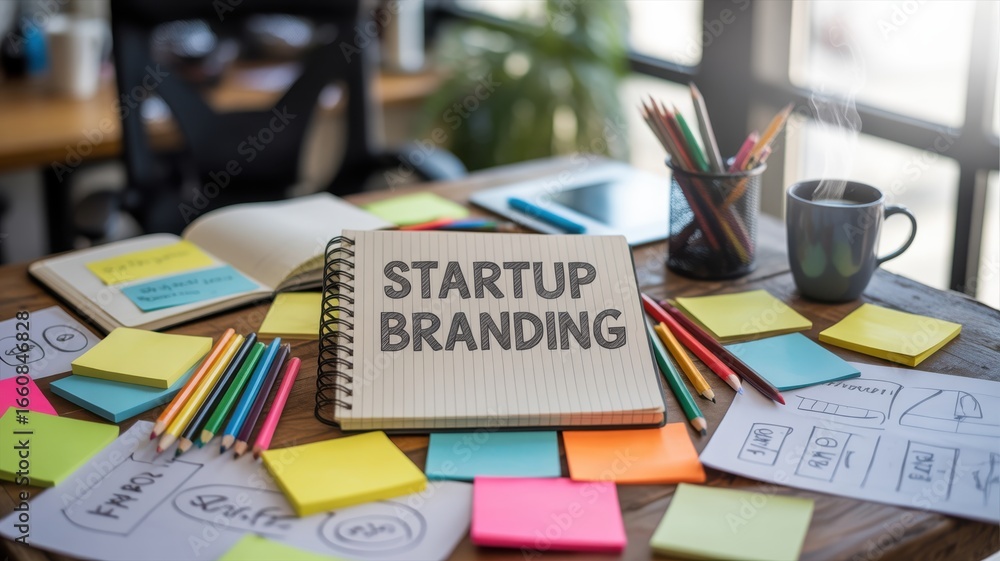 Poster personal branding startups concept. creative workspace with notes and tools for startup branding ide