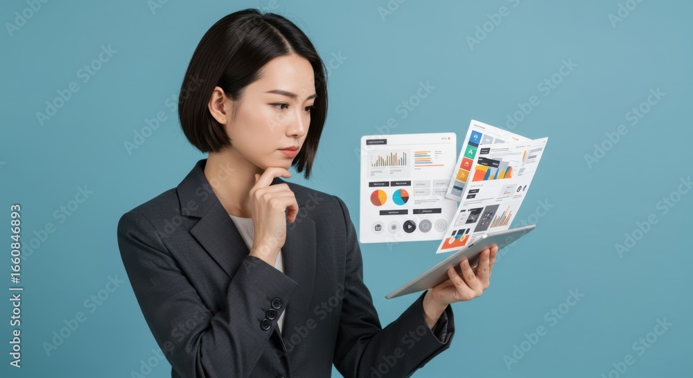Poster personal branding startups concept. professional woman analyzing data on a tablet with graphs and ch