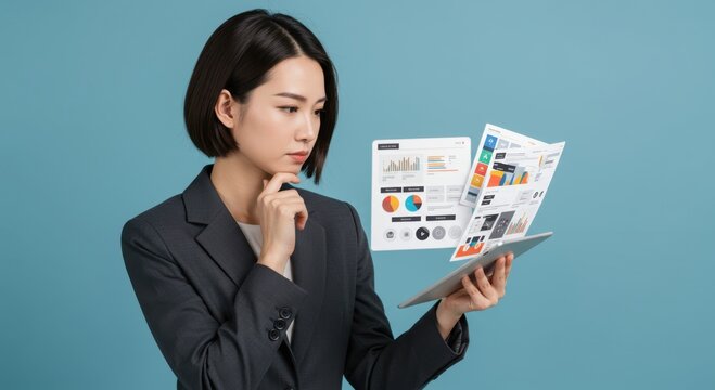 personal branding startups concept. Professional woman analyzing data on a tablet with graphs and charts.