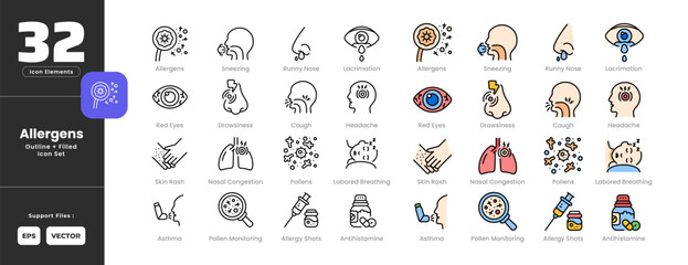 Pollen Allergy Symptoms Icon Set Collection - Outline Line Art Style. Containing Allergens, Allergy, Shots, Antihistamine, Asthma, Cough, Drowsiness, Headache, Breathing, Lacrimation, Nasal, Pollen.