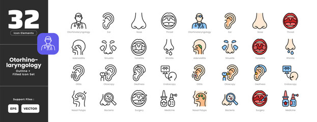 Otorhinolarynology Symptoms Icon Set Collection - Outline Line Art Style. Containing Adenoiditis, Bacteria, Deafness, Ear, Endoscopy, Medicine, Nasal, Polyps, Nose, Otitis, Otorhinolaryngology.