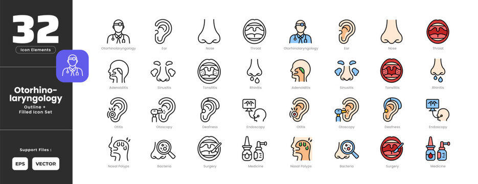 Otorhinolarynology Symptoms Icon Set Collection - Outline Line Art Style. Containing Adenoiditis, Bacteria, Deafness, Ear, Endoscopy, Medicine, Nasal, Polyps, Nose, Otitis, Otorhinolaryngology.