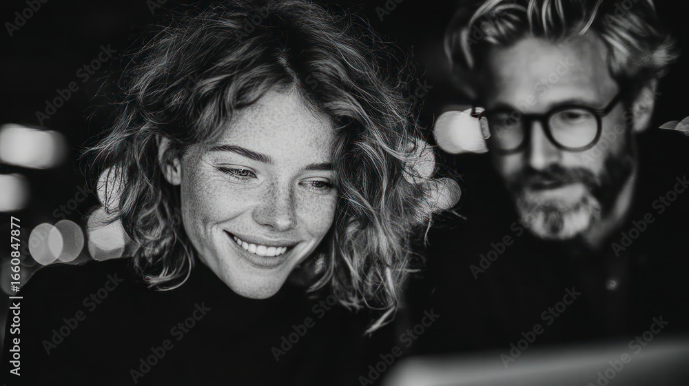Poster close up of a smiling woman with freckles looking at a computer screen with a man in the background