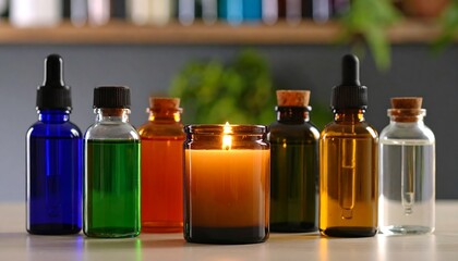 Aromatherapy oils with candle, and spa setting.