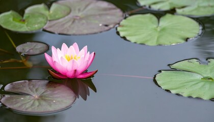 Serene Pink Water Lily Blooming with Green Lotus Leaves Floating in Calm Pond with Reflections and Natural Lighting for Peaceful Botanical Scene