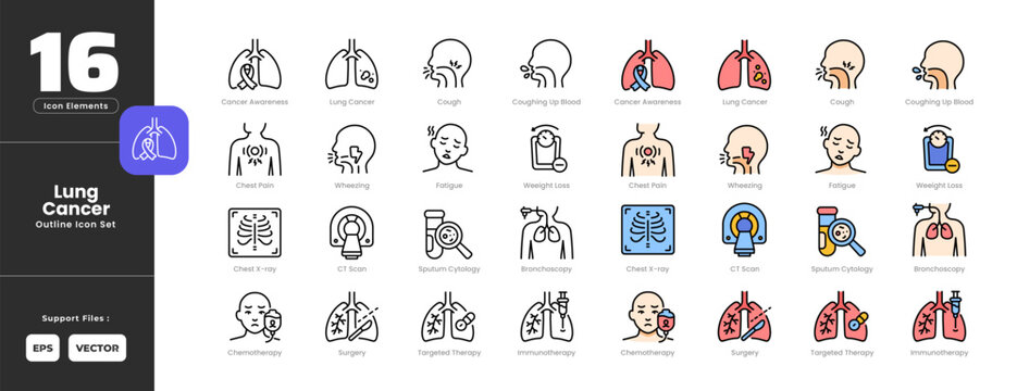 Lung Cancer Symptoms Icon Set Collection - Outline Line Art Style. Containing cough, cough up blood, chest pain, wheezing, fatigue, weight loss, chest x ray, ct scan, sputum cytology, bronchoscopy.
