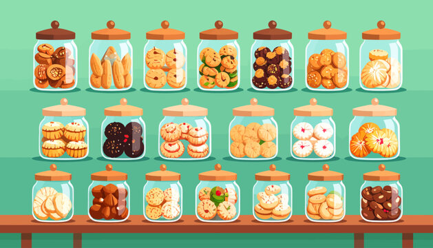 Glass Jars Filled with Assorted Cookies and Biscuits Arranged on Shelves in a Flat Vector Illustration Style