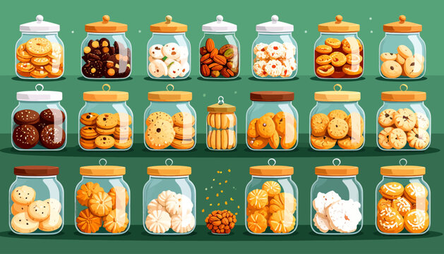 Assortment of Glass Jars Filled with Various Cookies and Treats Arranged in Rows against a Green Background for Sweet Food Concept Design