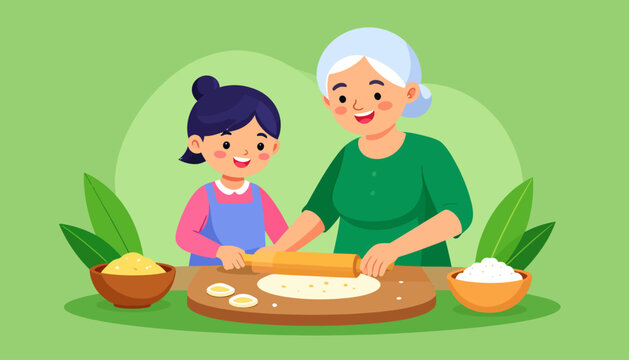 Illustration of a grandmother and granddaughter baking together, rolling dough on a wooden board with ingredients.