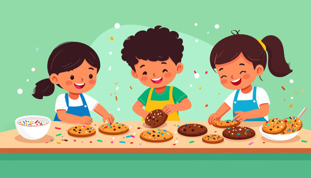 Three happy children decorating homemade cookies with colorful sprinkles on a table, enjoying a fun and creative baking activity together.