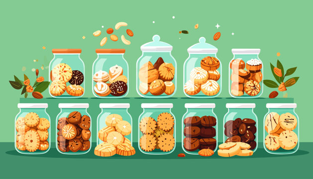 An illustration of various cookies and biscuits stored in multiple glass jars on shelves against a green background.